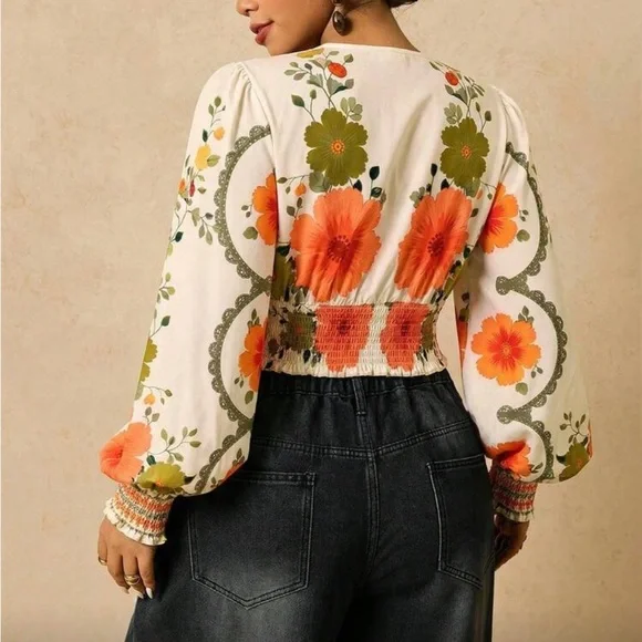 Plus Size Romantic Bohemian Floral Print Long Sleeve Tie Front Blouse Shirt - Picture 6 of 14